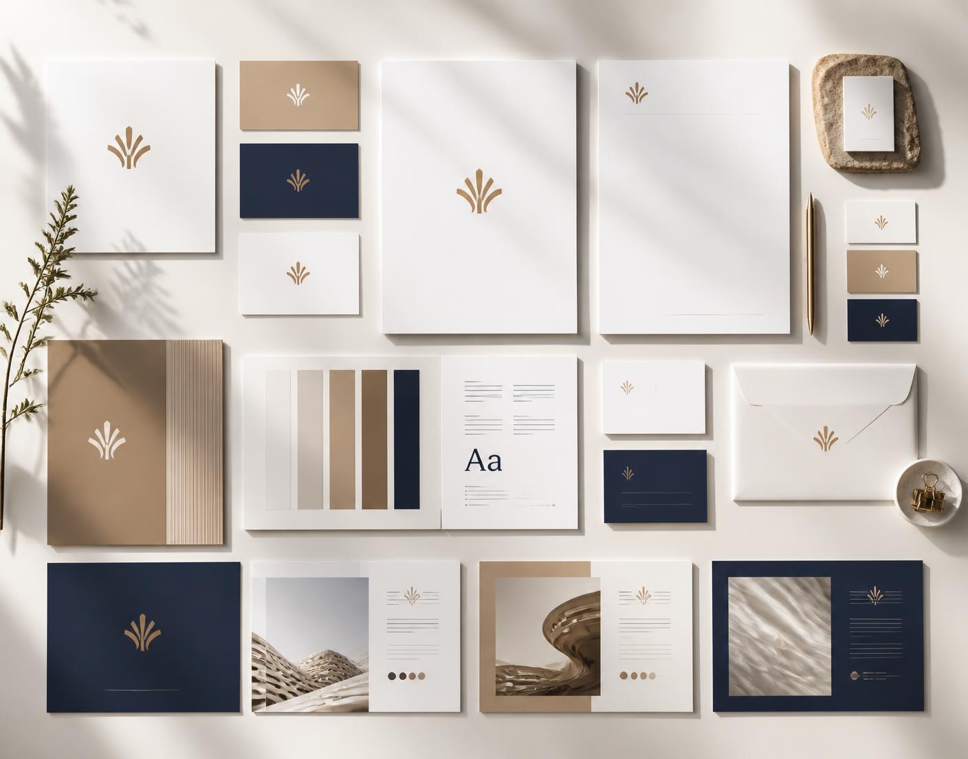 A pre-seed startup brand identity system laid out: logo cards, colour swatch strip, typography specimen, business card and letterhead