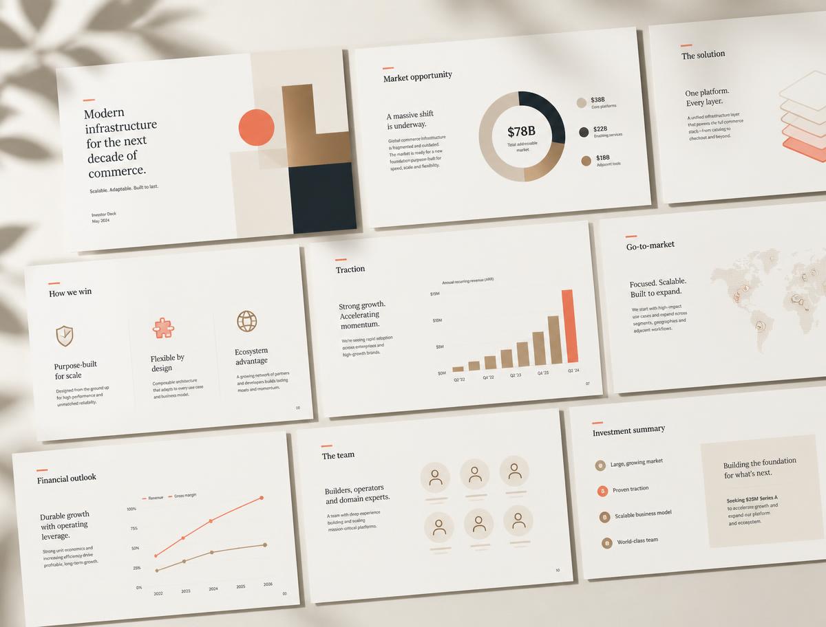 Investor deck — Fifteen slides, Sequoia structure, chart system included.