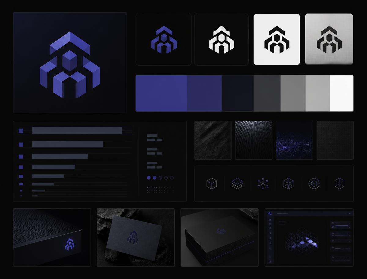 Core identity system — Logo suite, colour ramp, type scale and icon language.