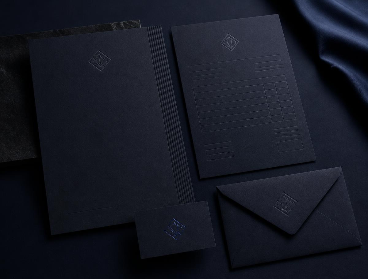 Stationery & operations — Letterhead, invoice, envelope and business card.
