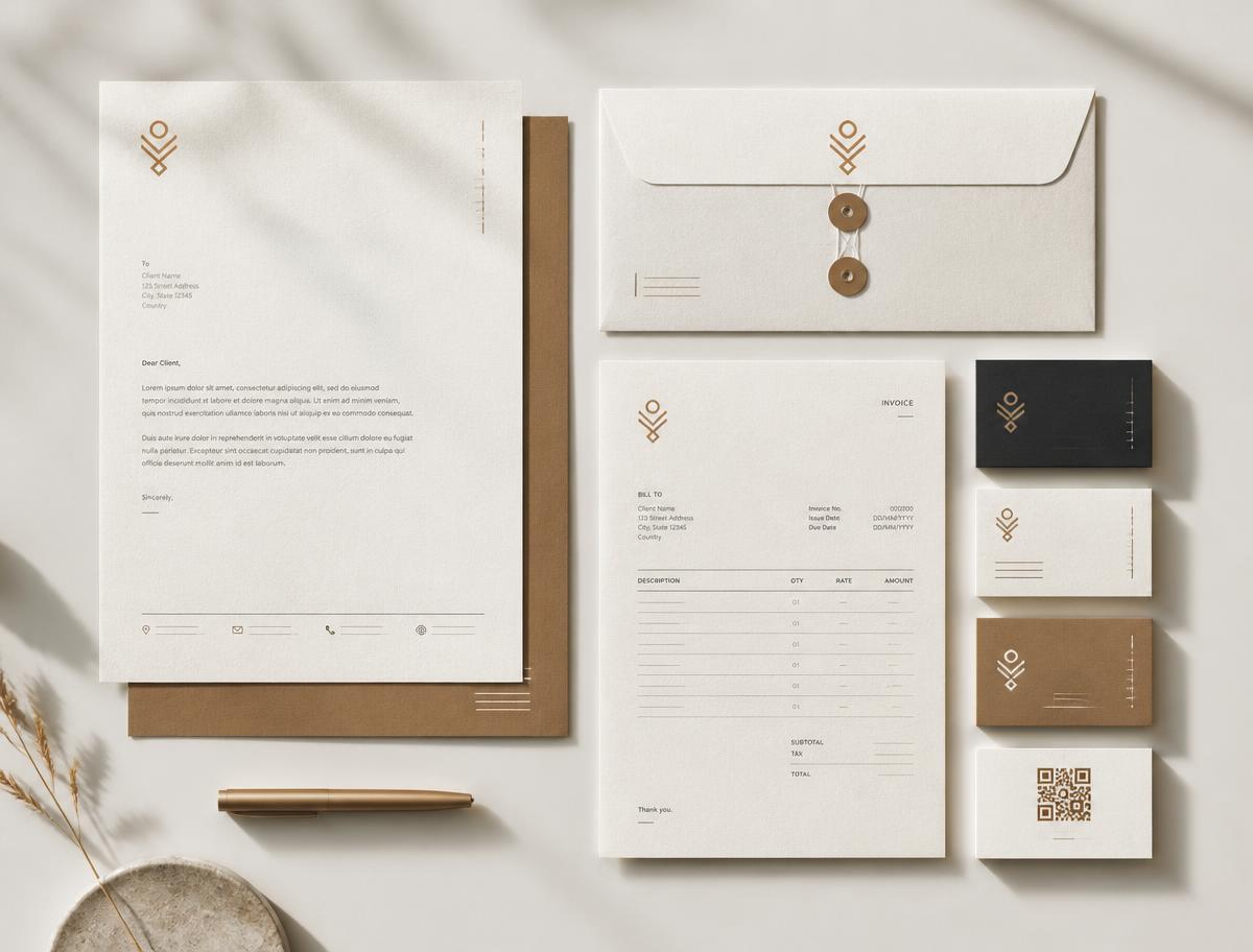 Stationery & operations — Letterhead, invoice, envelope and business card.